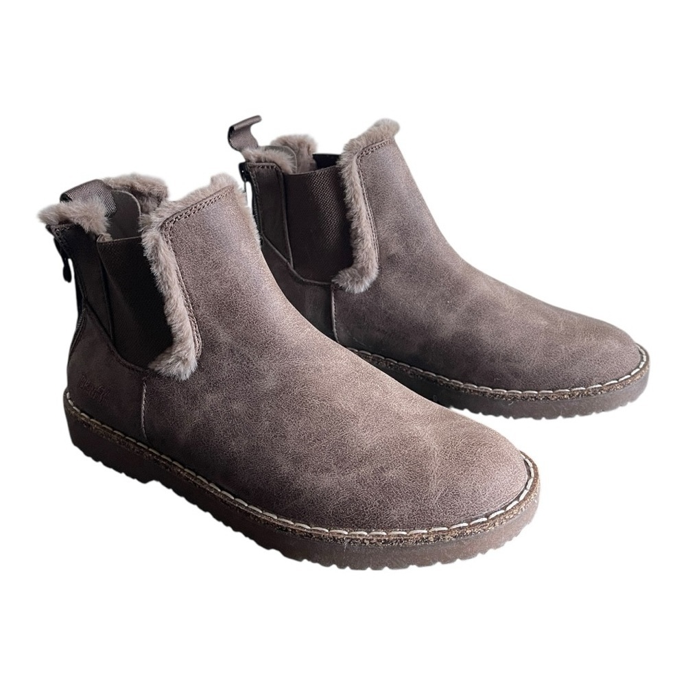 Blowfish Taupe Faux Suede Chelsea Ankle Boots Cozy Fur Trim | Size 8
